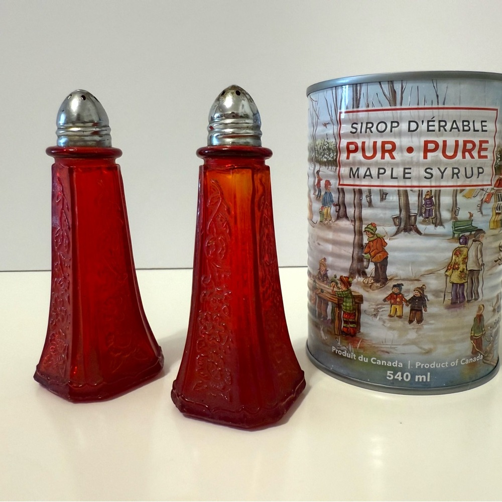 Vintage Mayfair “Open Rose” Red Amberina Salt & Pepper Shakers – 1930s–50s